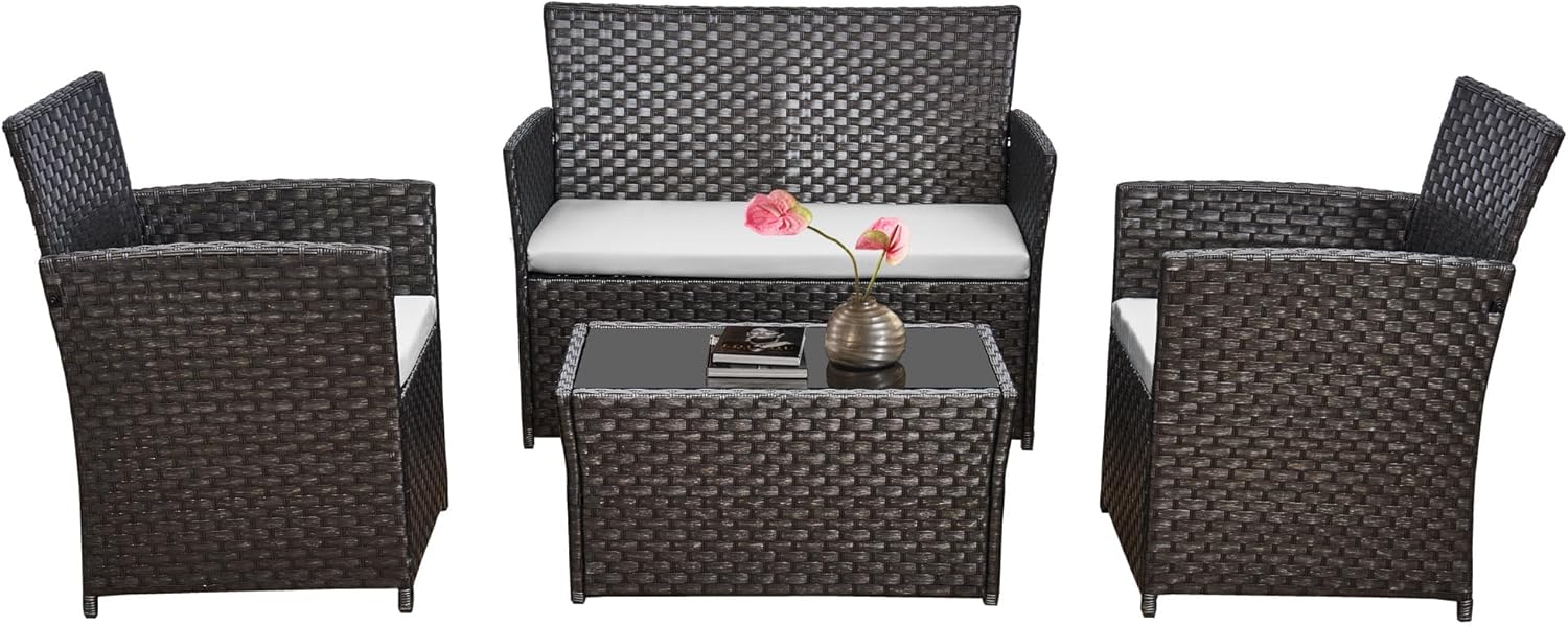 4 Seater Rattan Garden Furniture Set, Patio Furniture Set with Glass Top Table, PE Woven Modular Sofa & Chairs, All-Weather Outdoor Furniture with White Cushions for Garden, Balcony, Backyard (Black)