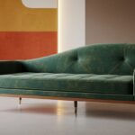 A mid-century modern green velvet sofa with tufted seat and diamond-stitched backrest sits on tapered wooden legs with brass caps in a minimalist living room with warm pendant lights and a wooden sideboard