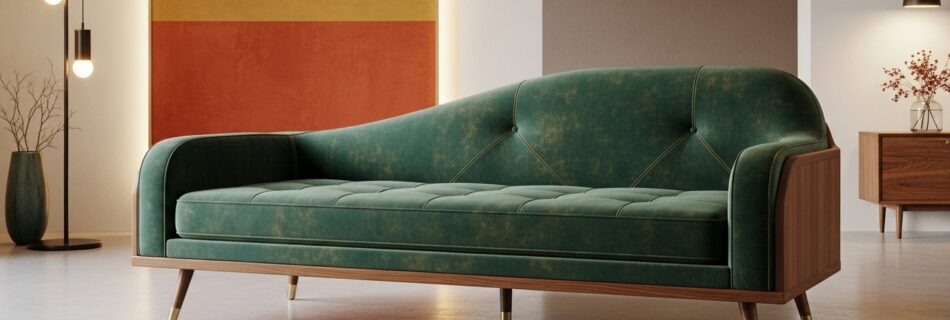A mid-century modern green velvet sofa with tufted seat and diamond-stitched backrest sits on tapered wooden legs with brass caps in a minimalist living room with warm pendant lights and a wooden sideboard