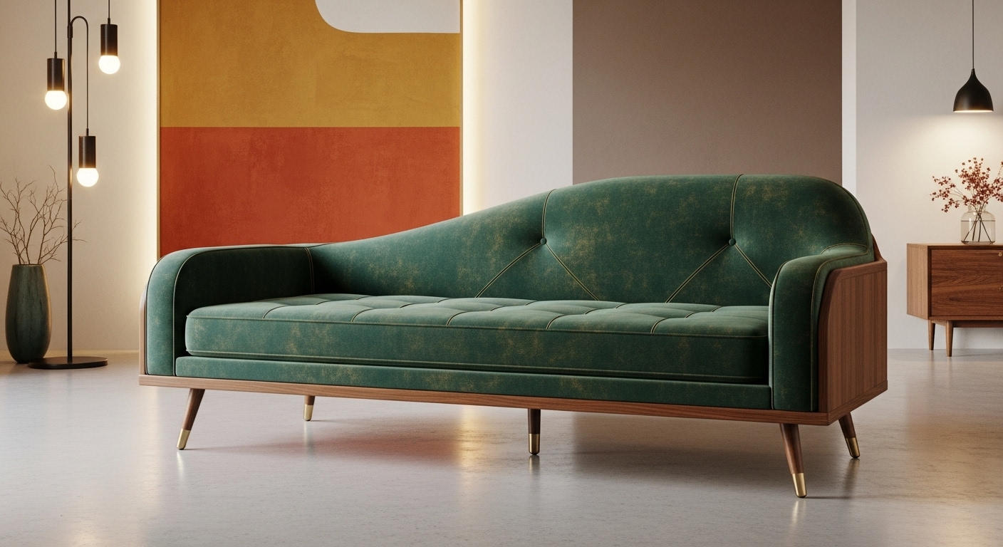 A mid-century modern green velvet sofa with tufted seat and diamond-stitched backrest sits on tapered wooden legs with brass caps in a minimalist living room with warm pendant lights and a wooden sideboard
