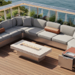 Modern S-curve outdoor sofa set on a cantilevered redwood deck above Big Sur, with champagne-anodized frame, basalt-fiber rope panels, planter armrests, a solar-glass louver canopy casting striped shadows, and a travertine coffee table with a linear fire ribbon ocean cliffs in golden-hour haze no people.