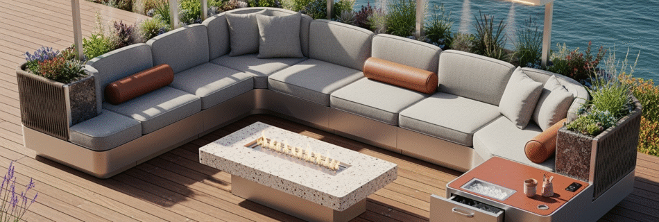 Modern S-curve outdoor sofa set on a cantilevered redwood deck above Big Sur, with champagne-anodized frame, basalt-fiber rope panels, planter armrests, a solar-glass louver canopy casting striped shadows, and a travertine coffee table with a linear fire ribbon ocean cliffs in golden-hour haze no people.