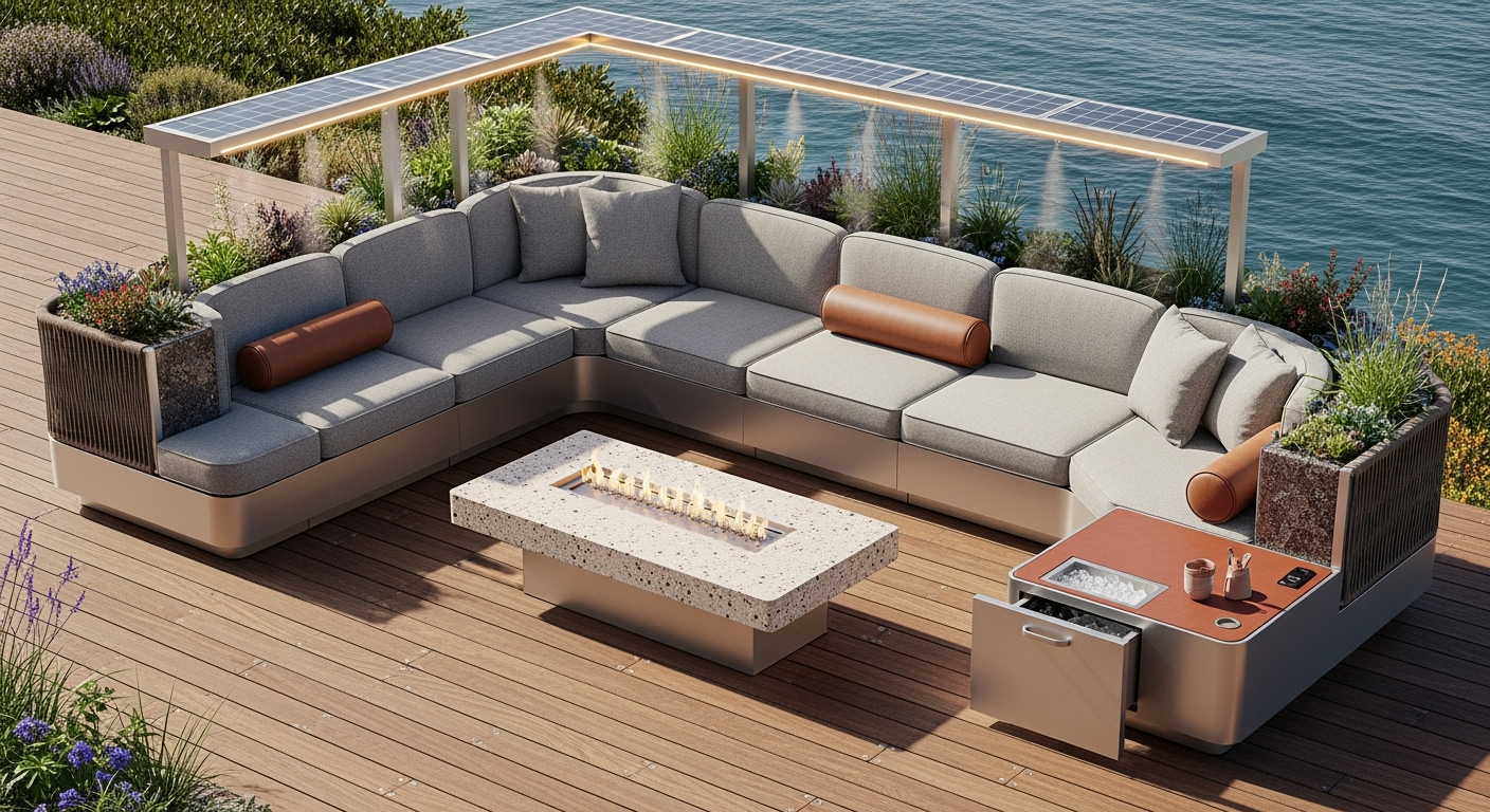 Modern S-curve outdoor sofa set on a cantilevered redwood deck above Big Sur, with champagne-anodized frame, basalt-fiber rope panels, planter armrests, a solar-glass louver canopy casting striped shadows, and a travertine coffee table with a linear fire ribbon ocean cliffs in golden-hour haze no people.
