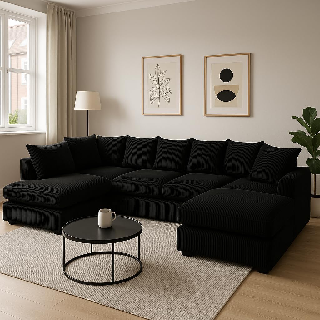 Anglo U-Shaped Jumbo Cord Sofa – Sectional Couch with 12 Scattered Back Cushions & Fixed Memory Foam Seating, Deep and Spacious for Living Room or Lounge
