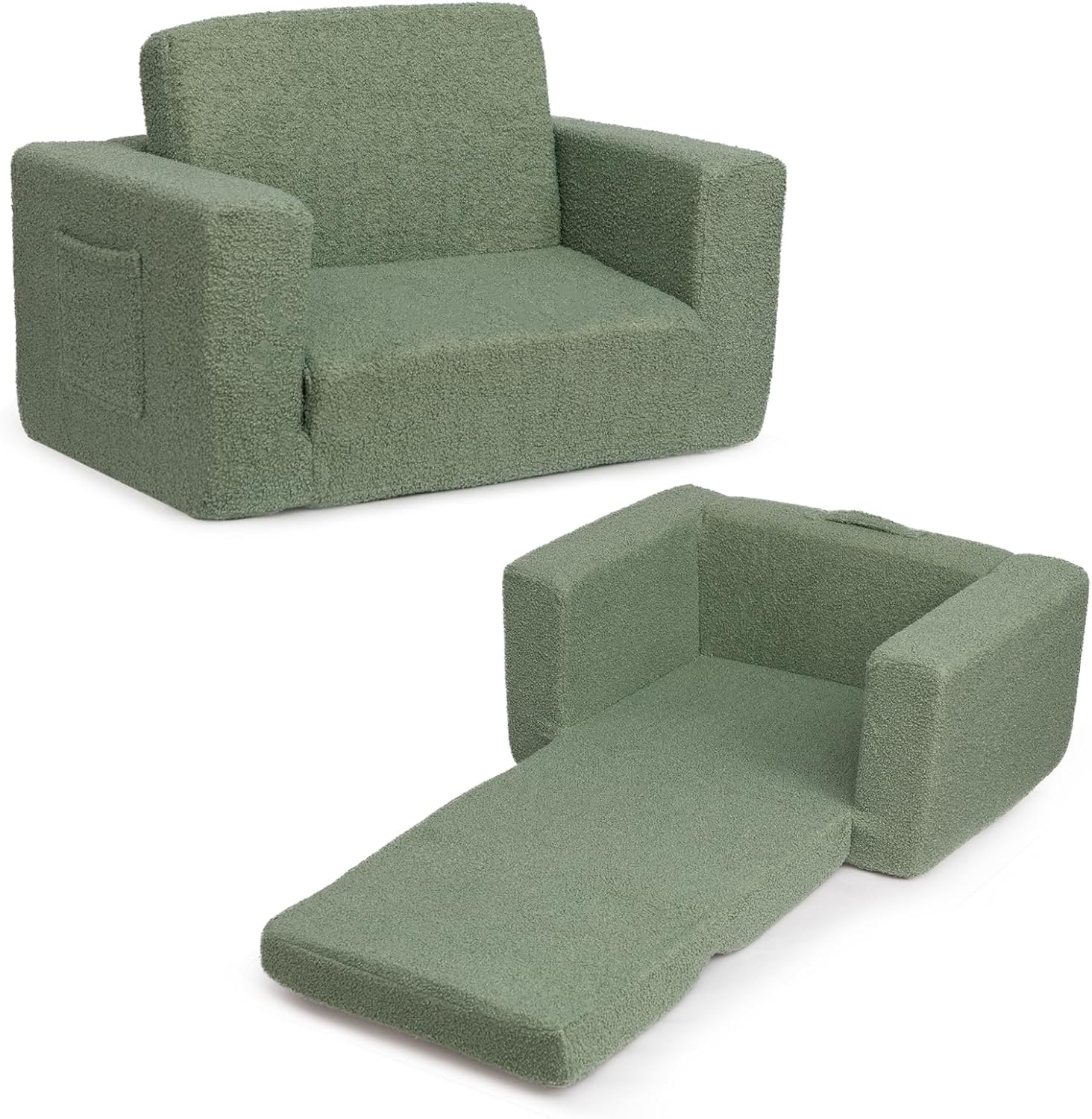 BEJOY Kids Sofa Bed 2-in-1 Fold Out Bed Cuddly Teddy Fur Toddler Couch Convertible Sofa to Lounger Toddler Armchair Kids Chair Children's Day and Birthday Gift for Girls Boys, Laurel Green