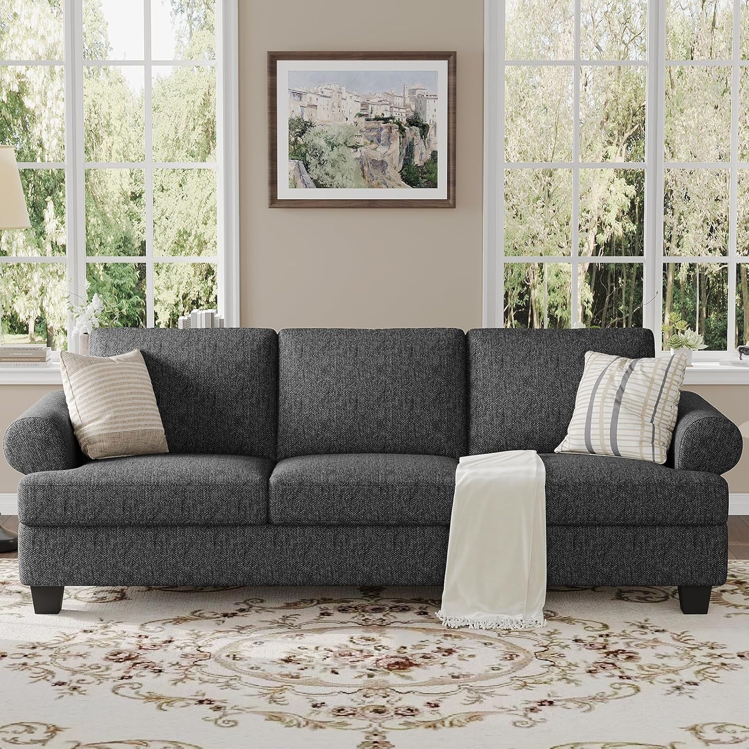 COPIAE 231CM Sofa Couch, Deep Seat Sofa with Lawson Style Armrests, Modern 3 Seater Sofa with Upholstered Cushion& Backrests, Mid-Century Comfy Couch for Living Room, Apartment, Gray
