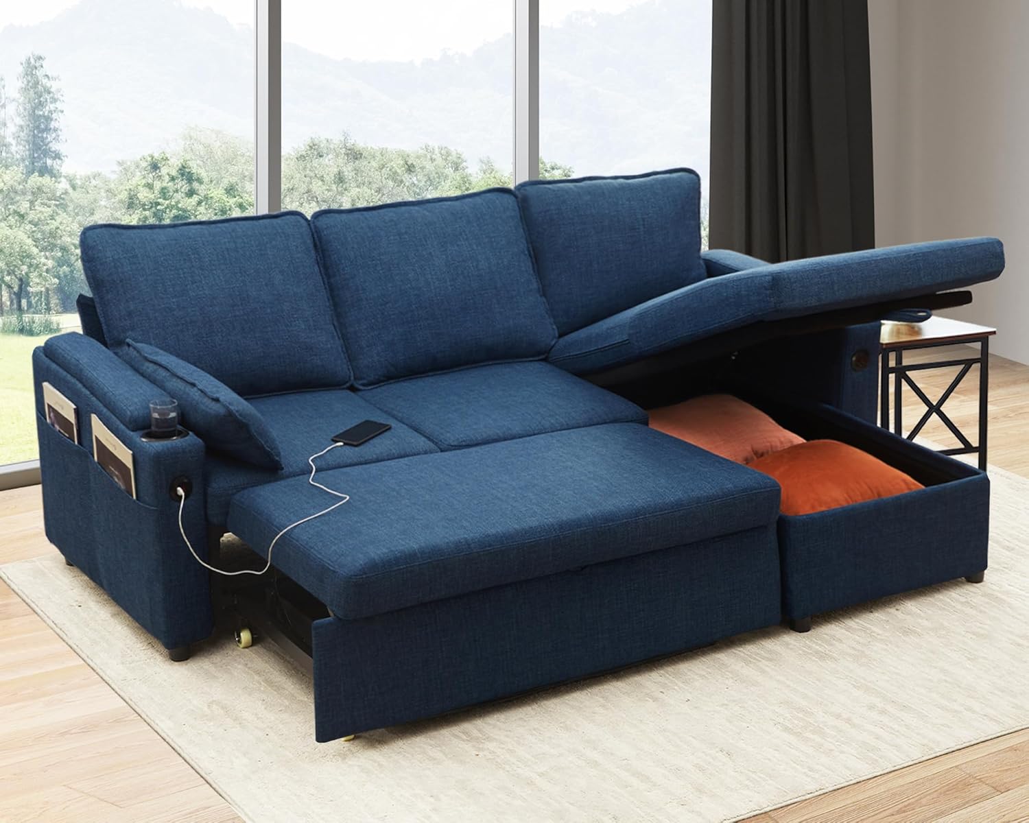 DURASPACE Sofa Bed Sleeper Pull Out 2 In 1 Sectional Sleeper Sofa Couches With Storage,USB, Cup Holder,Pullout Sectional Couches For Apartment Living Room (Blue)