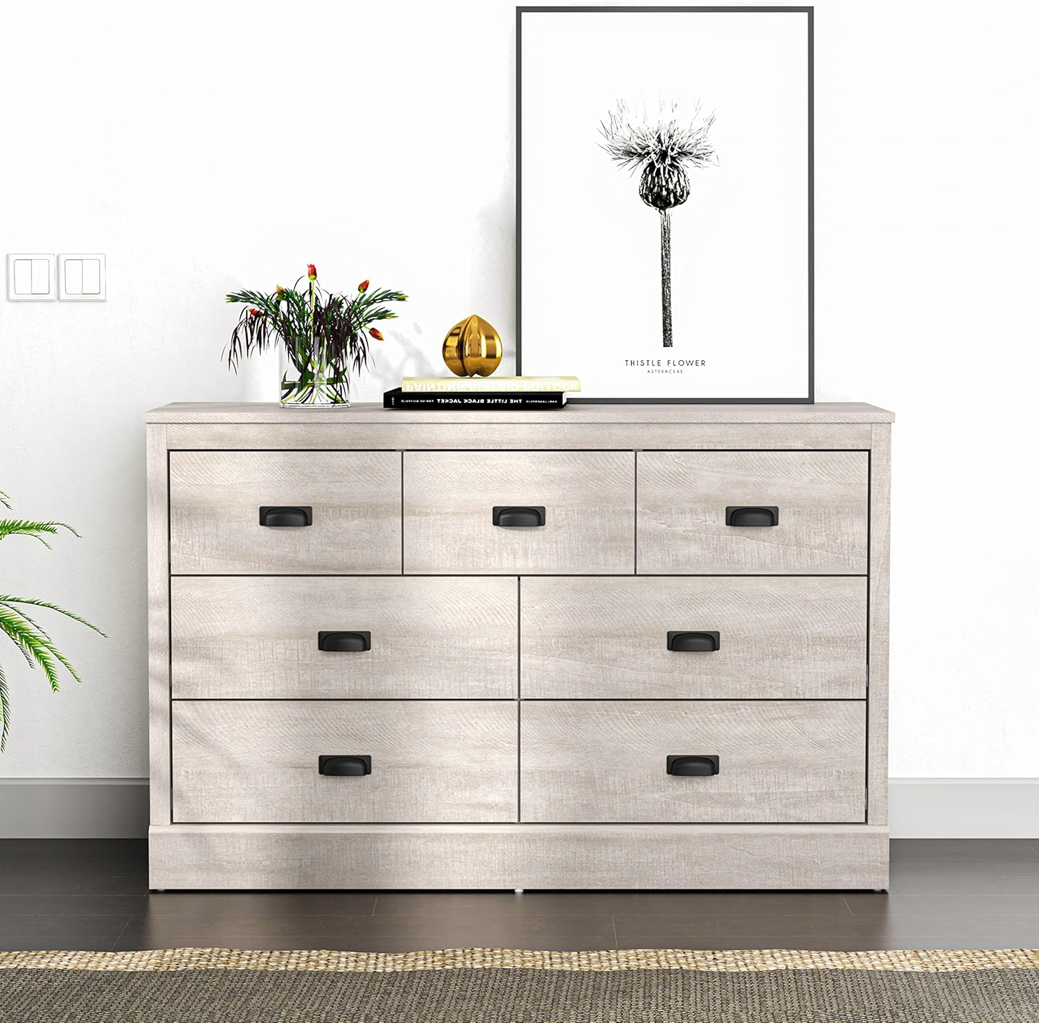Galano Bristol 3+4 Drawer Chest – Wide Storage Cabinet for Bedroom, Entryway, or Hallway – Modern Chest of Drawers for Clothes & Organising – Dusty Grey Oak