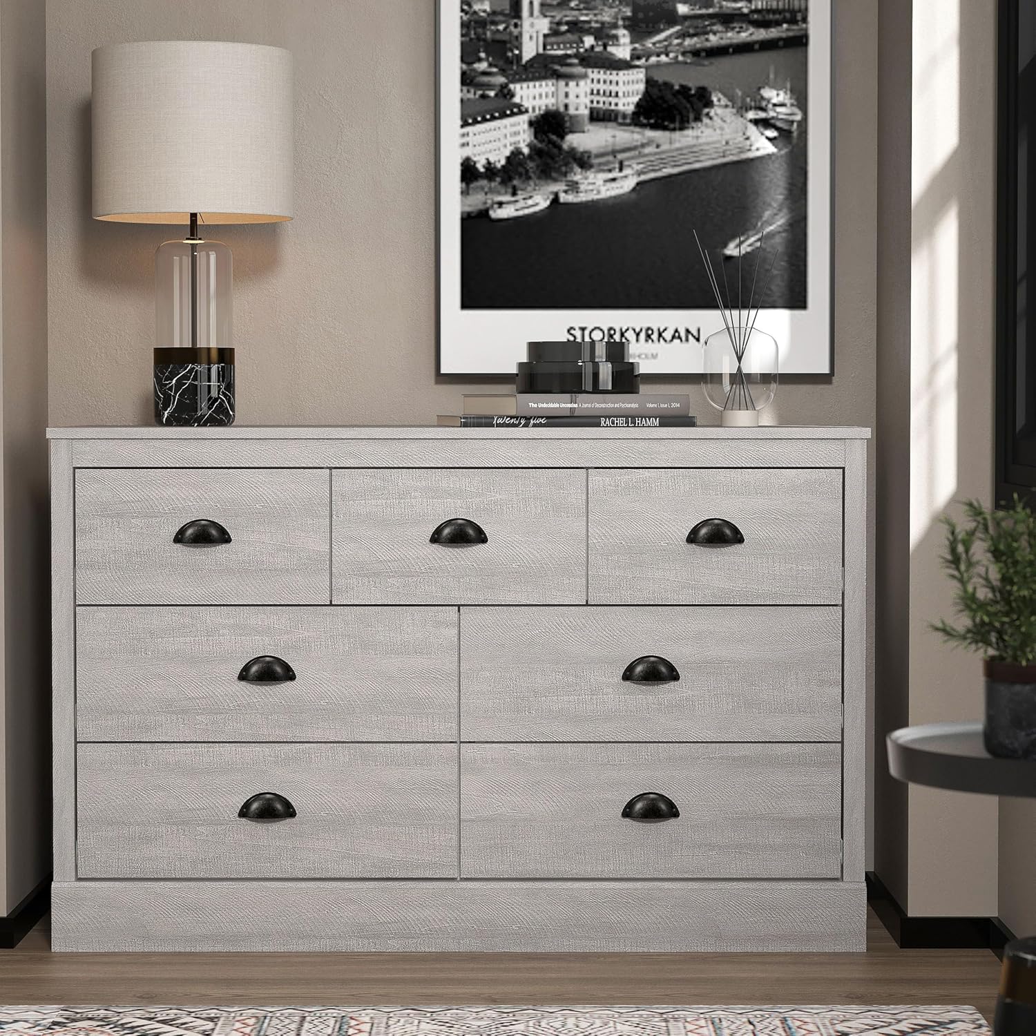 Galano Britley 3+4 Drawer Chest – Storage Cabinet for Bedroom, Living Room, or Hallway – Chest of Drawers with Large Capacity – Dusty Grey Oak Finish