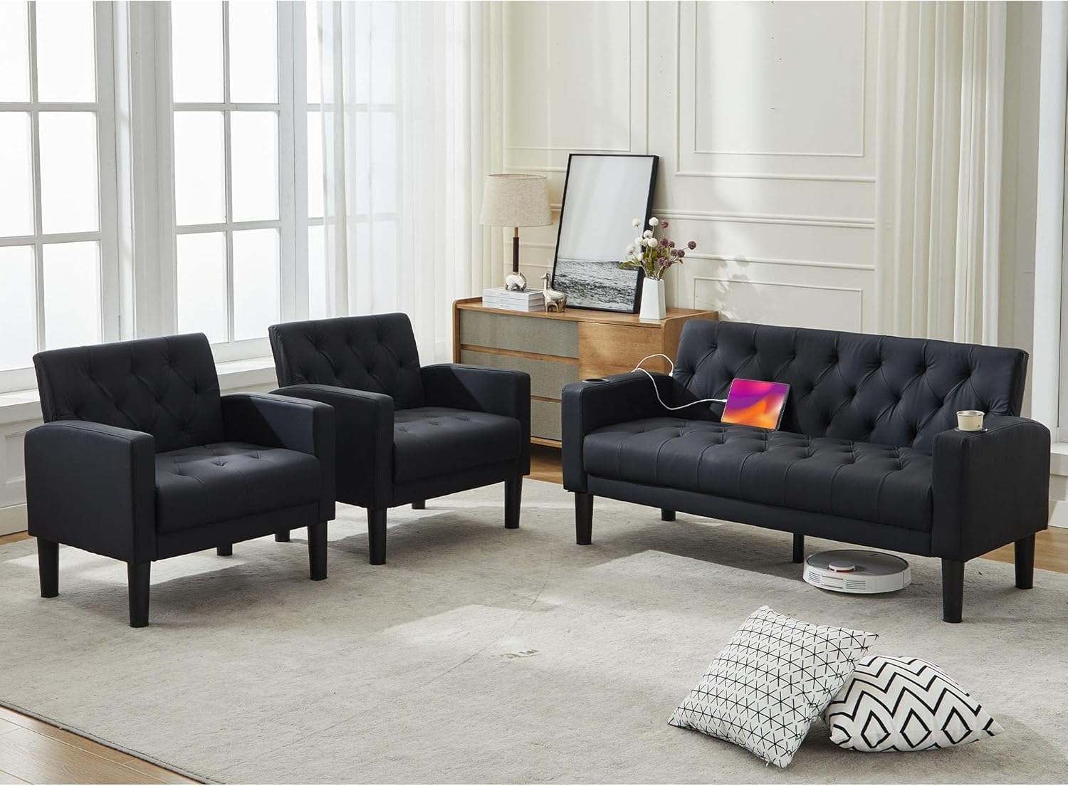 GRAVFORCE Sofa Bed 2 Seats Mid-century Style Sofa Settee Chair Set with 2 USB 2 Cupholders Sofa Bed Chairs for Bedroom Living Room 3 Black Seats Chair Sets