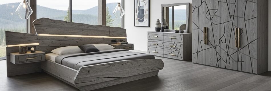 Modern grey bedroom with a sculptural wood bed, integrated LED headboard and floating nightstands, matching dresser with mirror and large wardrobe featuring abstract groove patterns, set in a high-ceiling room with floor-to-ceiling windows overlooking forested hills.