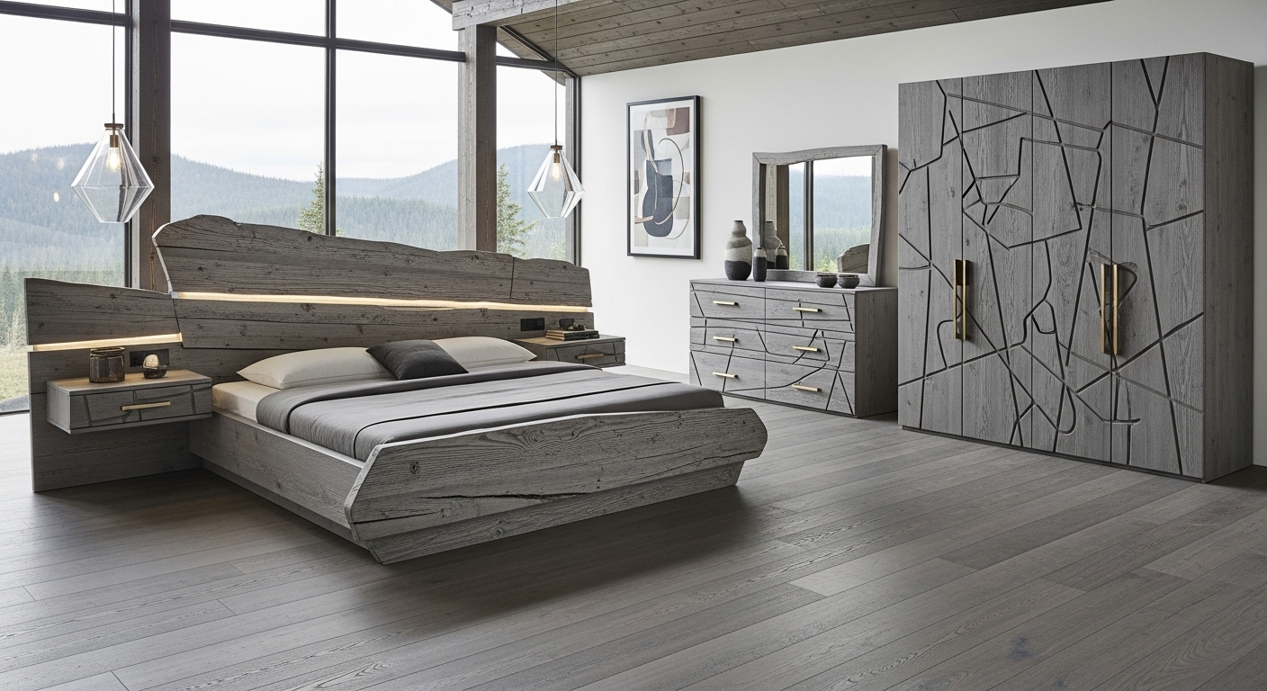 Modern grey bedroom with a sculptural wood bed, integrated LED headboard and floating nightstands, matching dresser with mirror and large wardrobe featuring abstract groove patterns, set in a high-ceiling room with floor-to-ceiling windows overlooking forested hills.