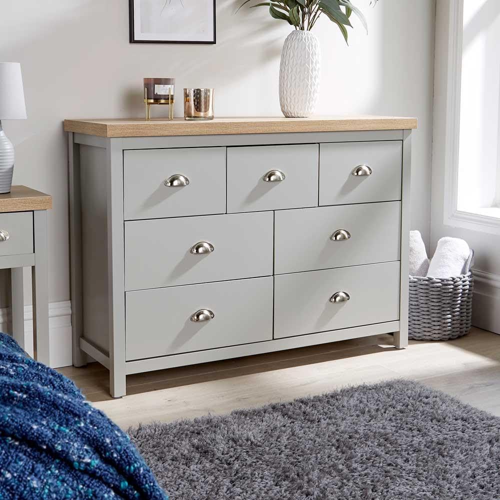 Home Source Wide Chest of Drawers Clothing Storage Unit, 7 Drawers, Grey, Sonoma Oak Effect