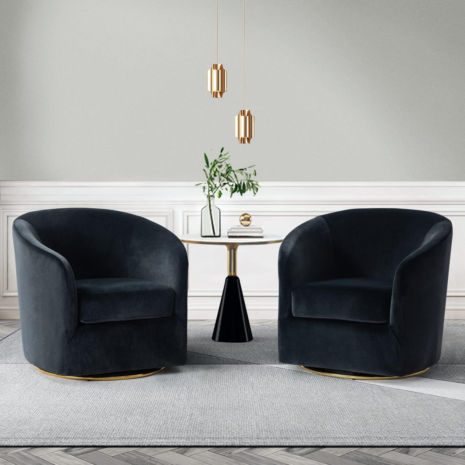 HULALA HOME Swivel Accent Chair with Gold Metal Base, Contemporary Velvet Curved Swivel Barrel Chair, Upholstered Club Armchair, Leisure Single Sofa for Living Room, Nursery, Bedroom (2, BLACK)