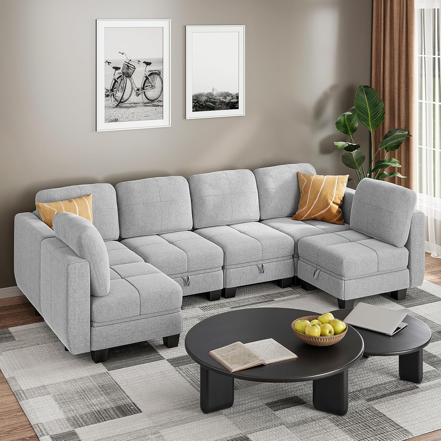 Jooli H U Shaped Sofa with Storage, Modular Fabric Corner Sofas with Upholstered Cushion and Removable Back Cushion Covers, Modern Sectional Sofa for Living Room, Grey