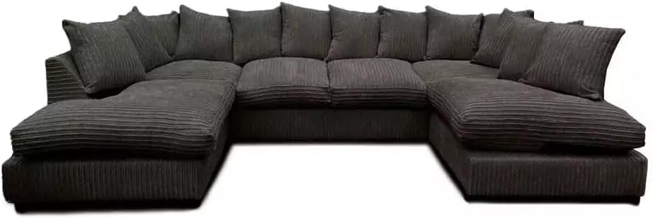 Jumbo Cord U-Shaped Cord Sofa - Large Modular Sofa with Memory Foam Seating & Removable Cushion Covers - Seats 6-7 People - Ideal U-Shape for Living Room (Black, Scatter Back)