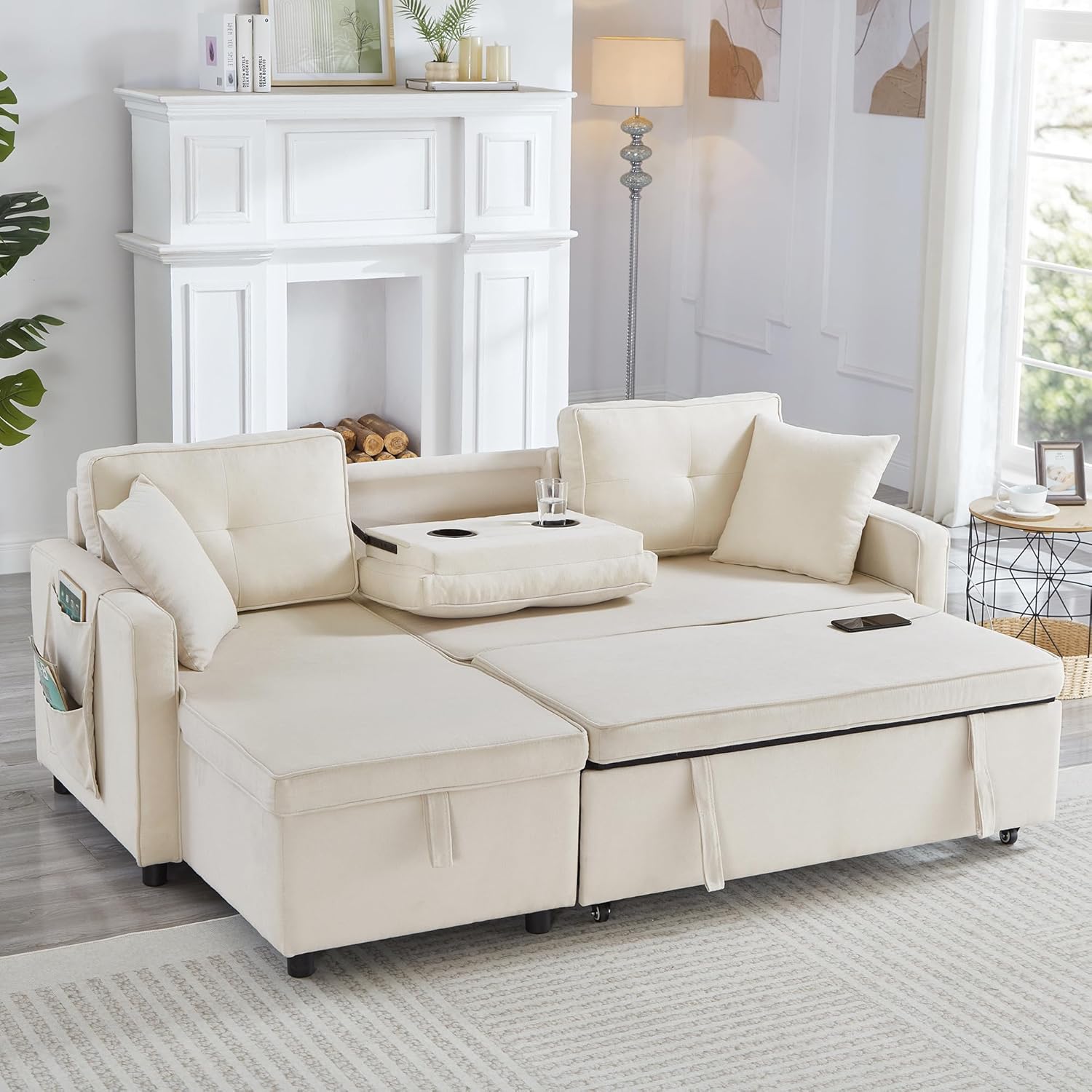 L-Shaped Pull Out Sleep Sofabed, Modern Reversible Sleeper Sectional Sofa, 3 in 1 Convertible Sofa Bed with Storage Chaise, Drop-Down Table, Cup Holders and Charging Ports (USB & Type-C) (Beige-B)