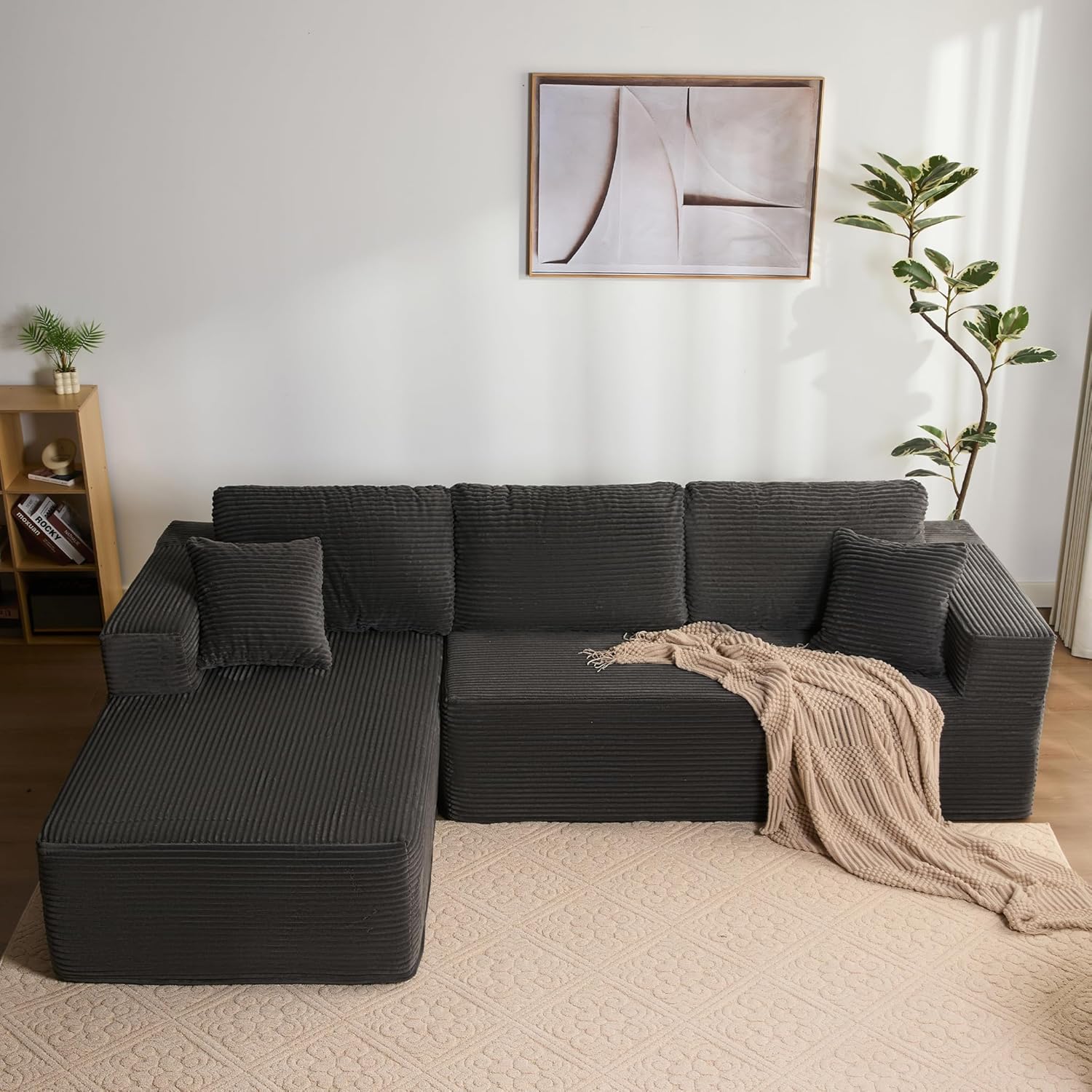 Litbird Modular Sectional Sofa, L-Shape Left with Deep Seat, Chaise Lounge, Boneless Couches, Corduroy Fabric,Sofa Bed for Living Room – No Assembly Required,Grey
