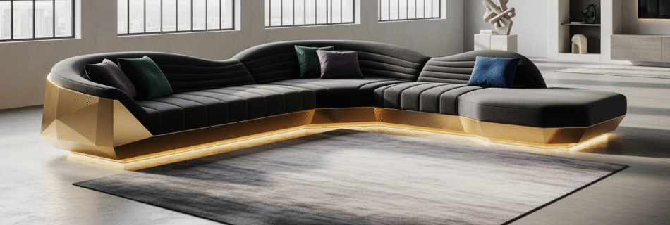 Futuristic sculptural modern sectional sofa in deep charcoal velvet forms a semi-circle with an elongated chaise flowing into a low platform; polished brass base with geometric cutouts appears to float with a soft warm LED halo. Wave-like backrests and emerald, sapphire, and amethyst pillows sit atop a large muted-gradient rug in a high-ceiling loft with floor-to-ceiling windows and polished concrete floors.