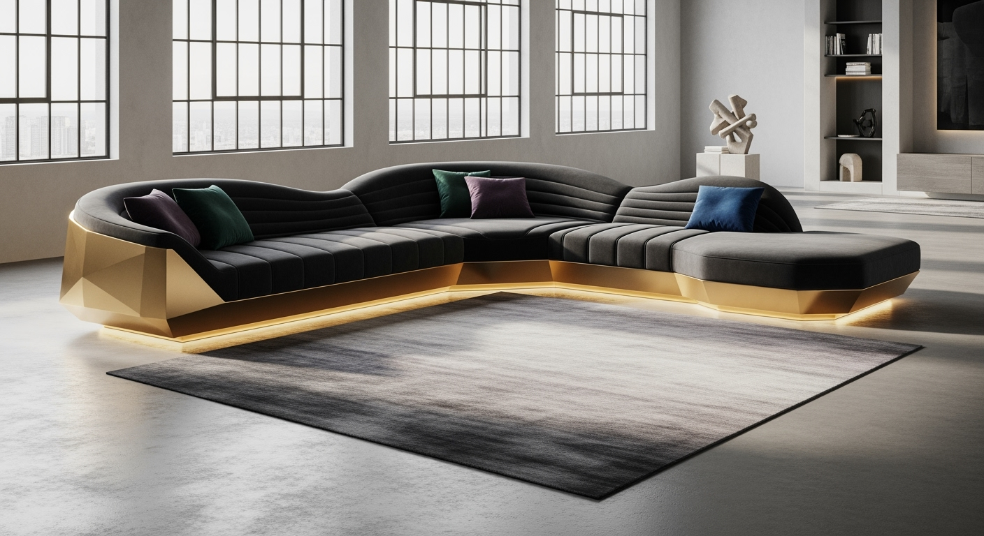 Futuristic sculptural modern sectional sofa in deep charcoal velvet forms a semi-circle with an elongated chaise flowing into a low platform; polished brass base with geometric cutouts appears to float with a soft warm LED halo. Wave-like backrests and emerald, sapphire, and amethyst pillows sit atop a large muted-gradient rug in a high-ceiling loft with floor-to-ceiling windows and polished concrete floors.