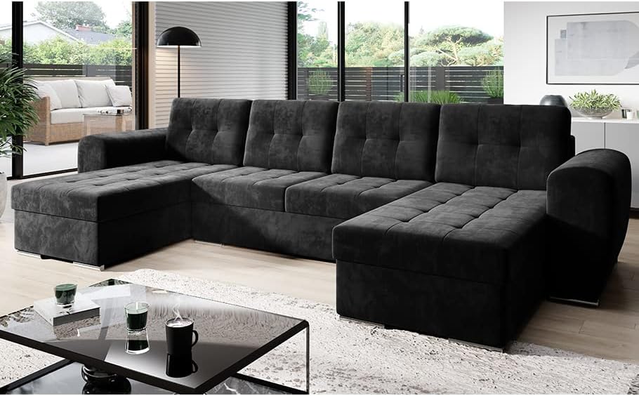 MODERNO Bari Living Room Landscape Sofa with Sleep Function Couch U-Shape Sofa Bed with Bed Box Corner Sofa Bed Modern Living Room Furniture Corner Couch Velour Fabric Quilted Sofa Grey