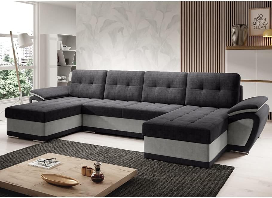 MODERNO Living Room Landscape Sofa with Sleep Function Enzo U - Sofa U-Shape with Bed Box - Modern Corner Sofa Bed - Quilted Sofa Bed - Two-Tone Sofa Bed - Black/Grey