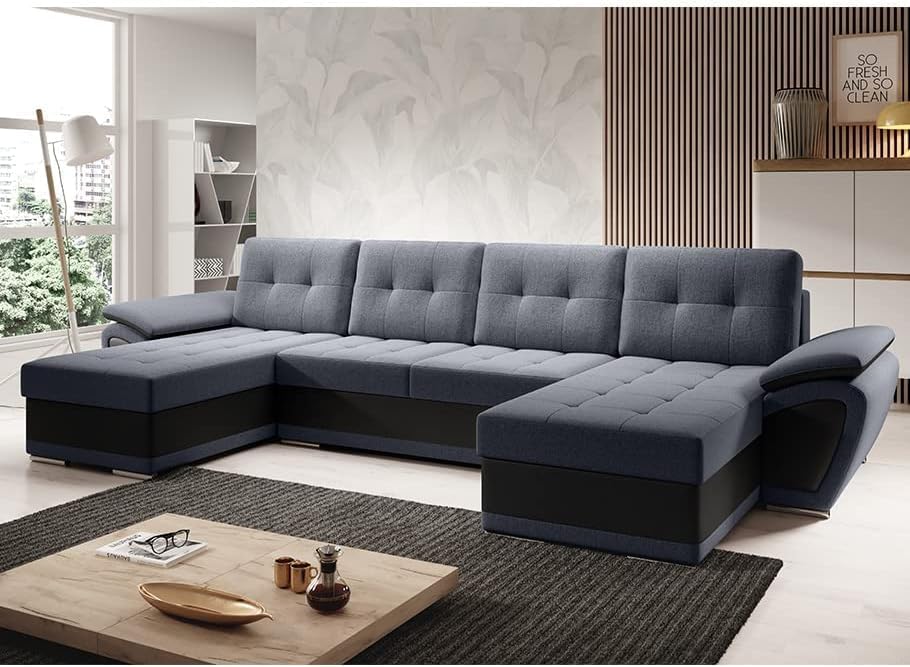 MODERNO Living Room Landscape Sofa with Sleep Function Enzo U - Sofa U-Shape with Bed Box - Modern Corner Sofa Bed - Quilted Sofa Bed - Two-Tone - Graphite Black