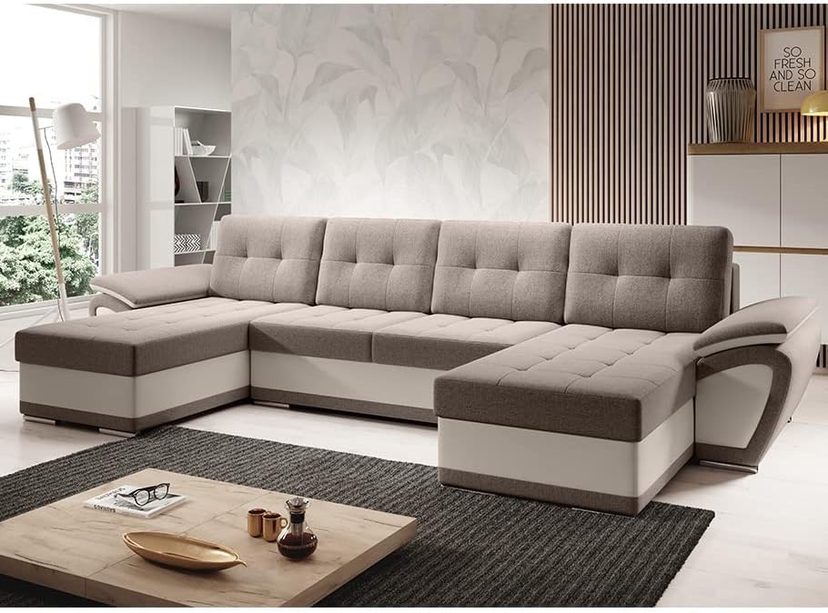 MODERNO Living Room Landscape Sofa with Sleep Function Enzo U - Sofa U-Shape with Bed Box - Modern Corner Sofa Bed - Quilted Sofa Bed - Two-Tone Sofa Bed - Beige/Cream
