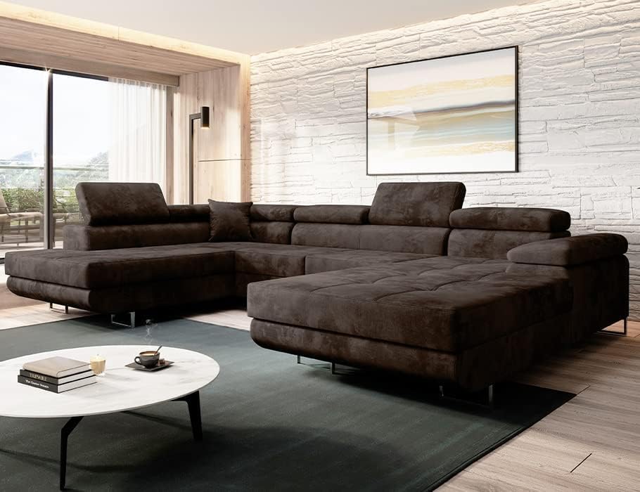 Moderno VARBERG Corner Sofa with Sleep Function and Bed Box, Sofa with Robust Cover, U-Shape Sofa Bed, Modern Couch, 72 x 345 x 205 cm, Left Brown