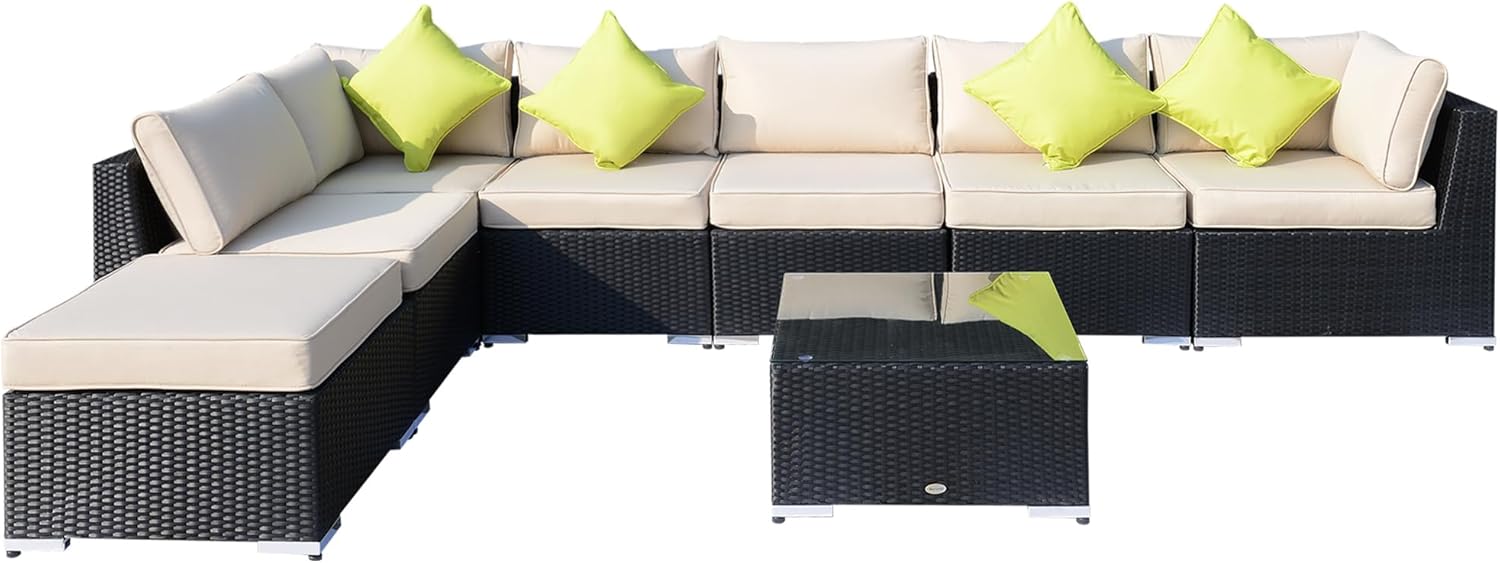 Outsunny 8 Piece Rattan Corner Sofa Set with Wide & Deep Seat, Assembled Aluminium PE Rattan Garden Furniture Set with Thick Cushions and Glass Top Table for Outdoor, Conservatory, Black
