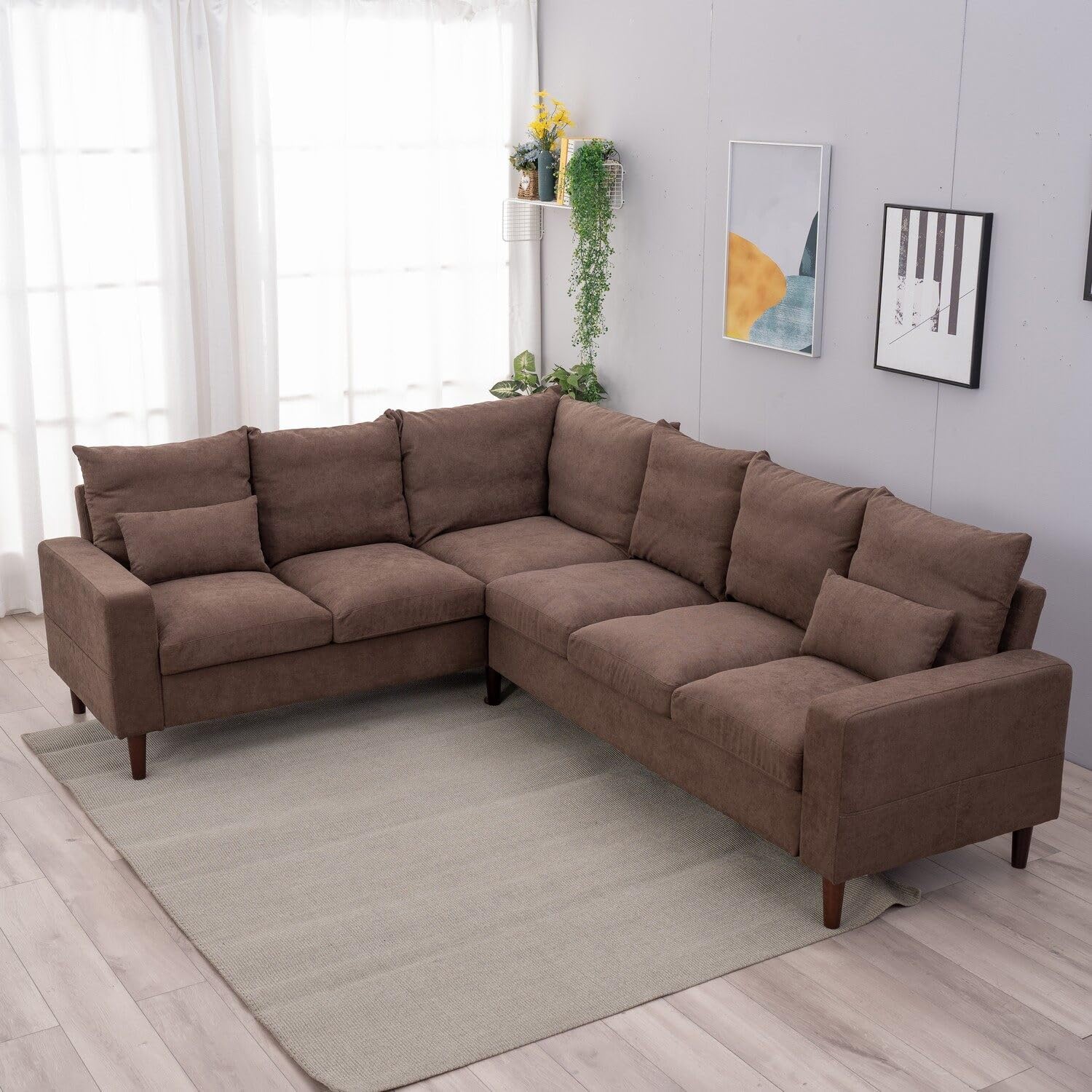 Panana Modern Upholstered L-Shape Sectional Sofa, 2 Seater + 3 Seater Corner Couch for Living Room ，Brown
