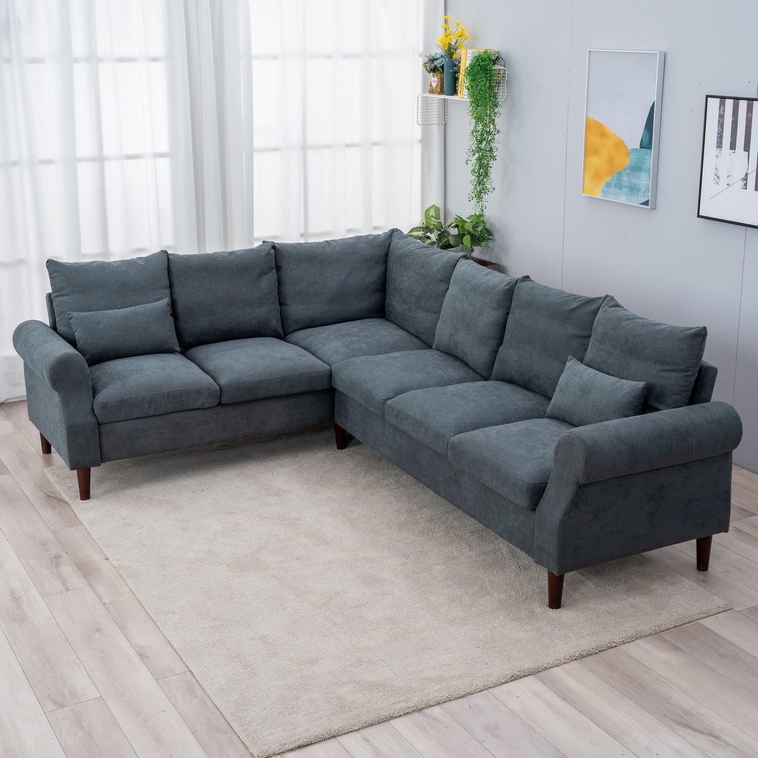 Panana Modern Upholstered L-Shape Sectional Sofa, 2 Seater + 3 Seater Corner Couch for Living Room (Rolled arm-Gray)