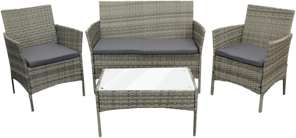 Rattan Garden Furniture Sofa Set with Coffee Table Chairs 4 Seater for Outdoor Patio Balcony 6210-B (Mixed Grey+Dark Grey Cushions)
