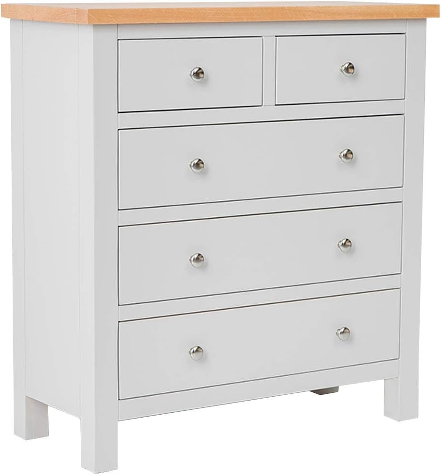 RoselandFurniture Farrow Grey Chest of Drawers for Bedroom Tall Contemporary 2 over 3 Solid Wooden Painted Storage Chest with Oak Top | Fully Assembled