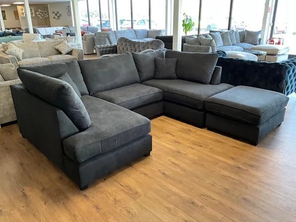 Rosemont Furniture - Cinema Sofa U Shape Sofa Living Room Corner Suite with Footstool Charcoal Fabric