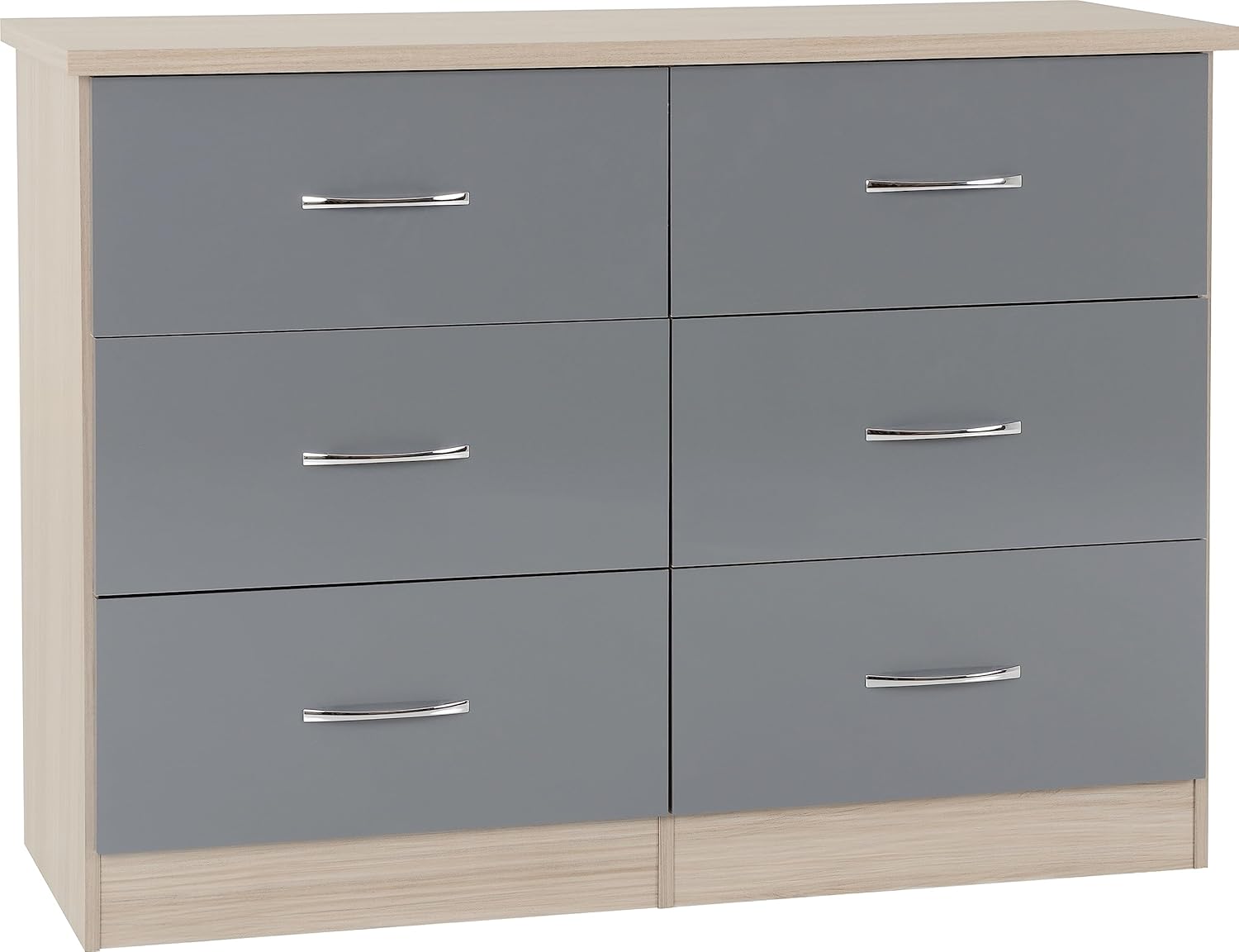 Seconique Nevada 6 Drawer Chest in Grey Gloss/Light Oak Effect Veneer