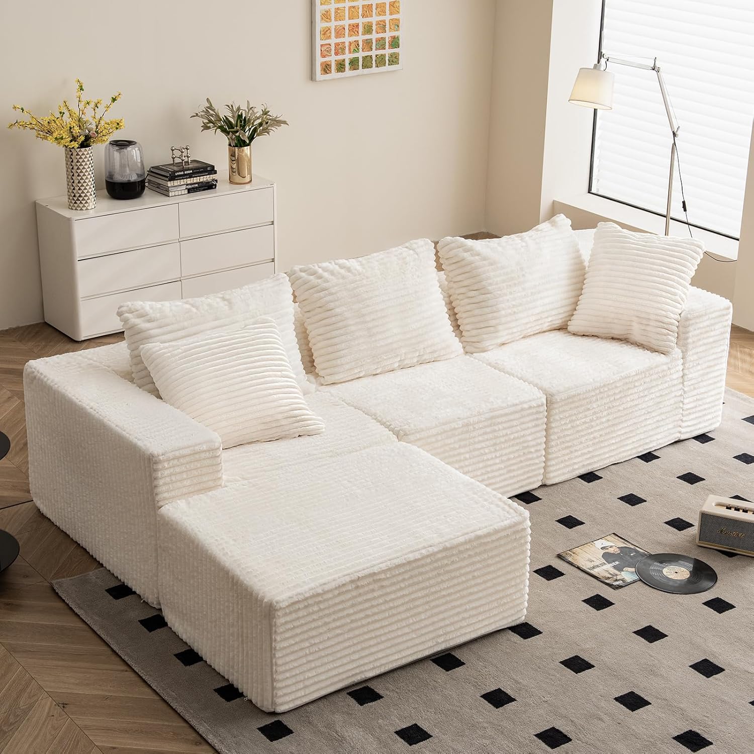 Vamcheer 3/4 Seater Modular Sectional Sofa - 274cm Oversized L-shaped Corner Couch with Memory Foam Seating & Detachable Backrest for Living Room Bedroom, No Assembly Required, Beige
