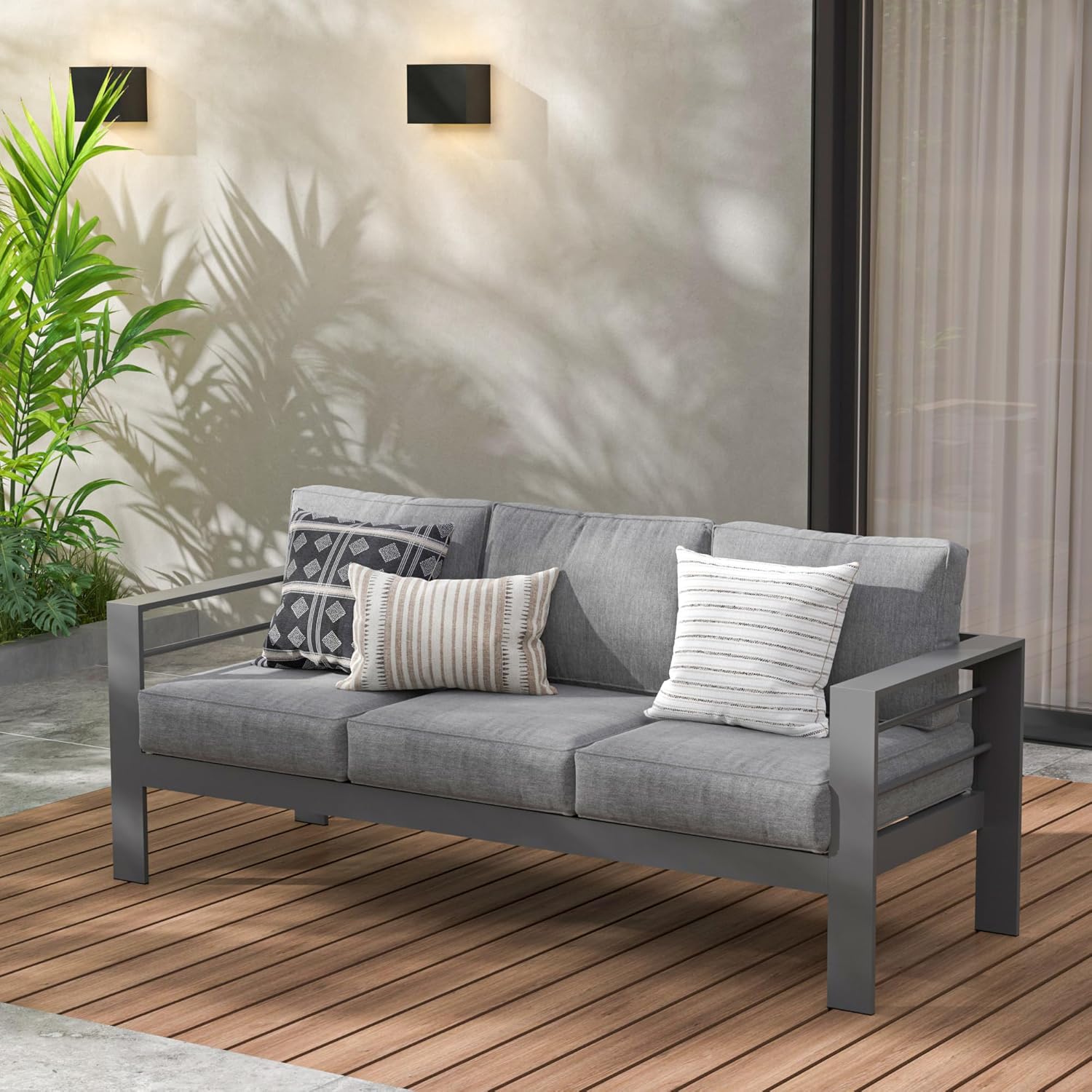 Wisteria Lane Patio Furniture Aluminum Sofa, All-Weather Outdoor 3 Seats Couch, Gray Metal Chair with Dark Grey Cushions