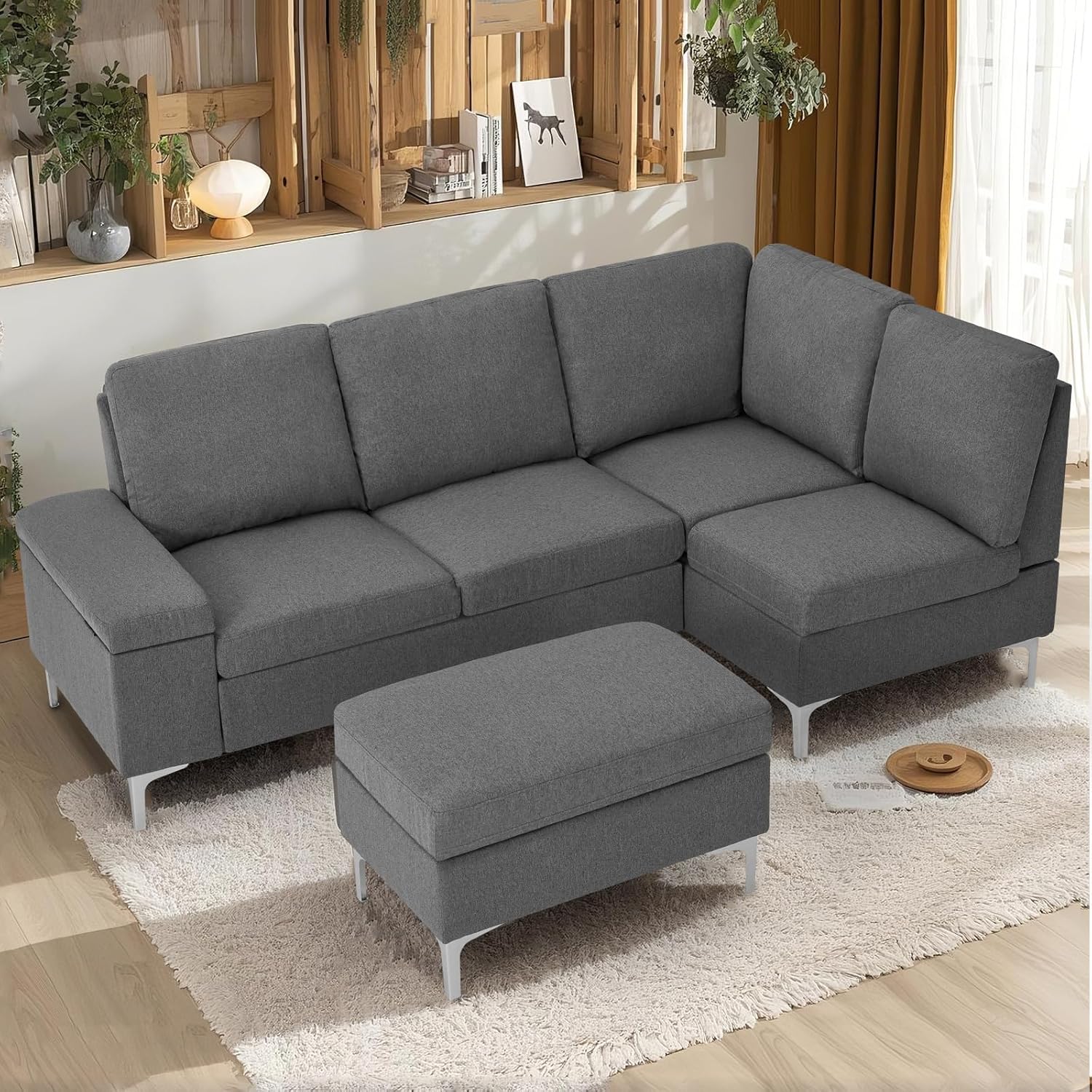 YODOLLA Corner Sofa with Storage, 217cm 4 Seater Corner Sofa Couch, L Shaped Modern 3 Seater + 2 Seater,Grey Sectional Sofa for Living Room (Right Hand Corner Sofa)