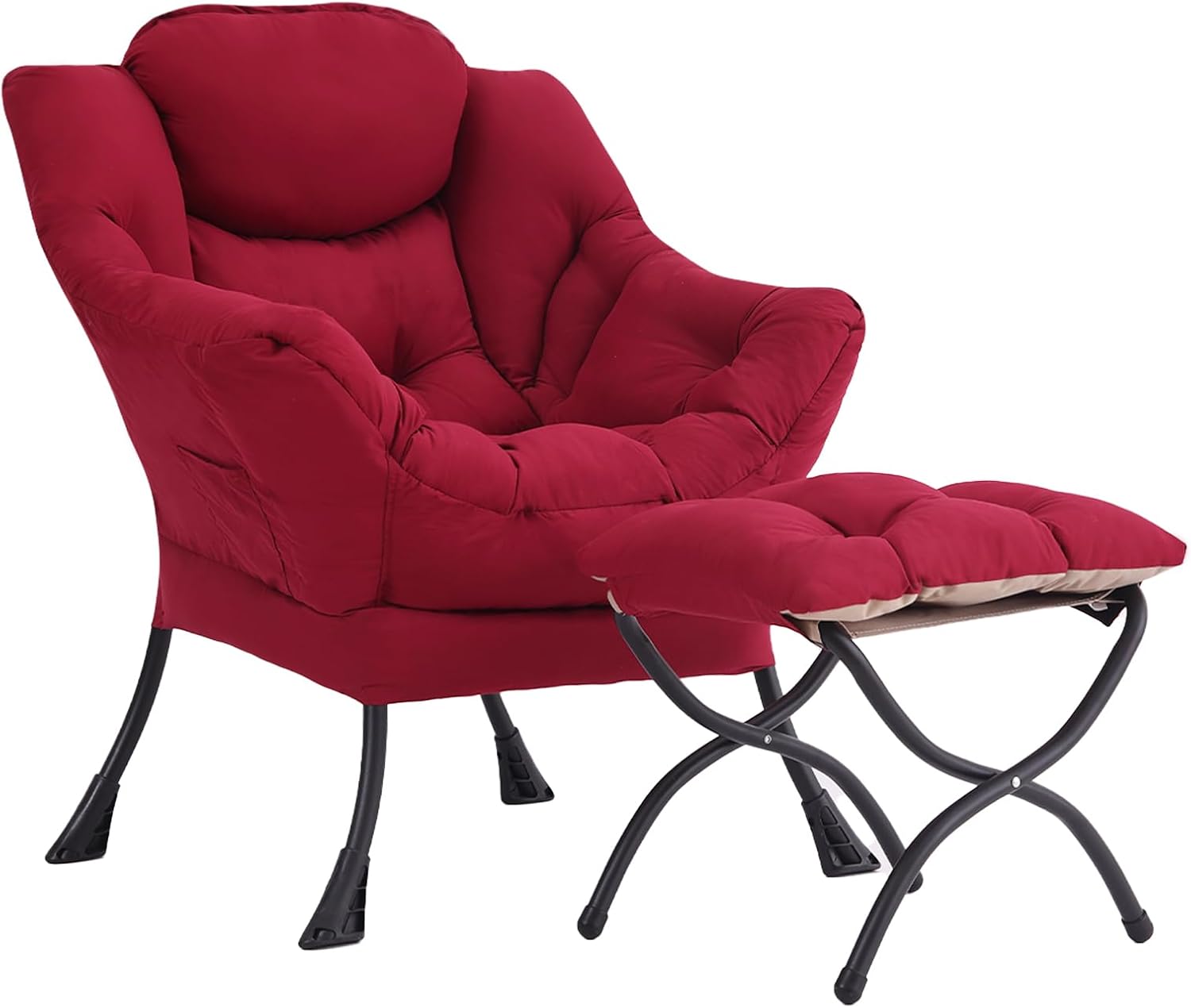 YOTATING Modern Lazy Chair with Ottoman, Accent Contemporary Lounge Chair Leisure Upholstered Sofa Chair Set with Armrests and a Side Pocket, Reading Chair for Living Room & Bedroom, Burgundy